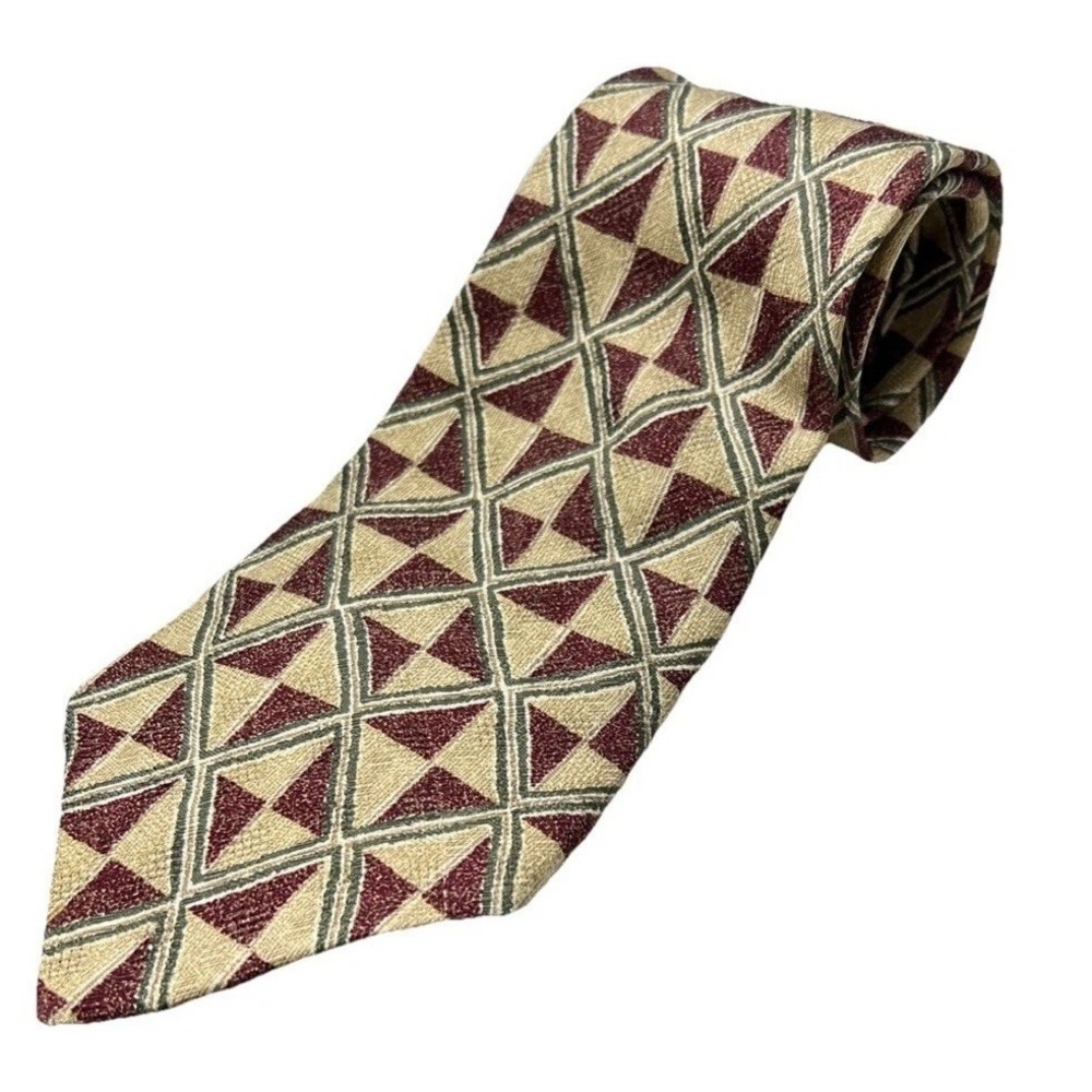 Vintage Tommy Hilfiger Silk Tie Geometric Foulard Burgundy Tan Wide Mens Italy